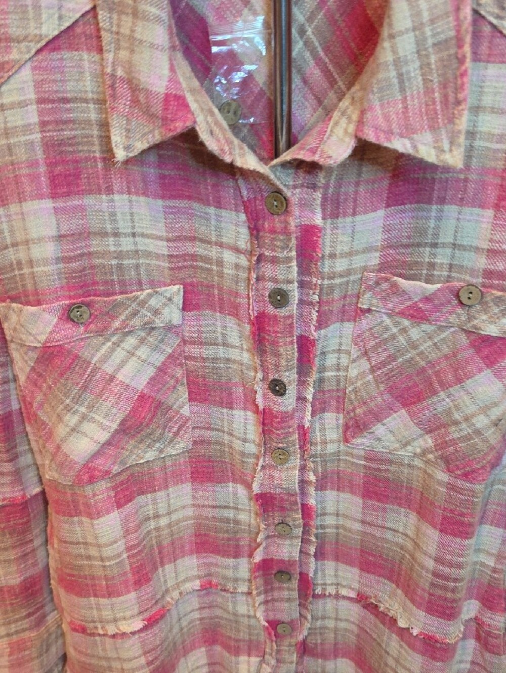 100p Oli & Hali Pink and Cream Plaid Button-Up  with Lace Trim - Picture 4 of 15